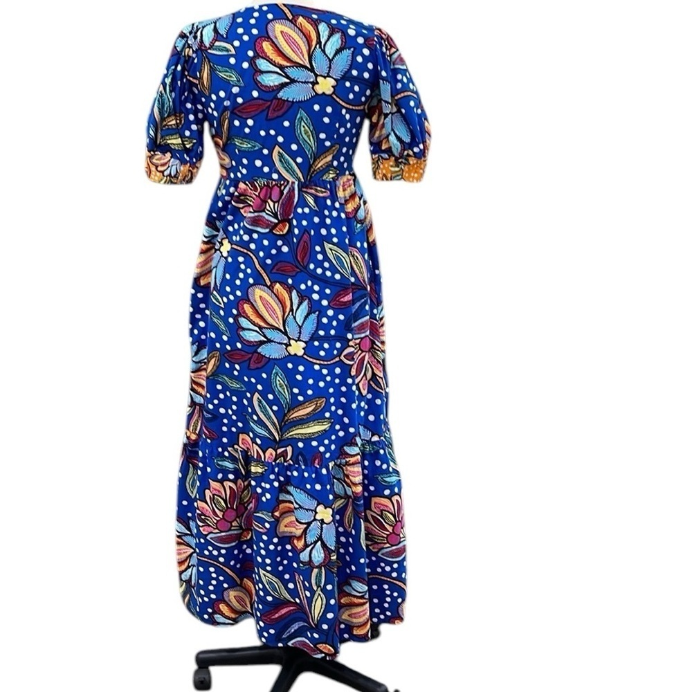 Tabitha Brown Vibrant Tropical  Floral V Neck Puff Sleeve Midi Dress SZ 4 Blue - Picture 5 of 7